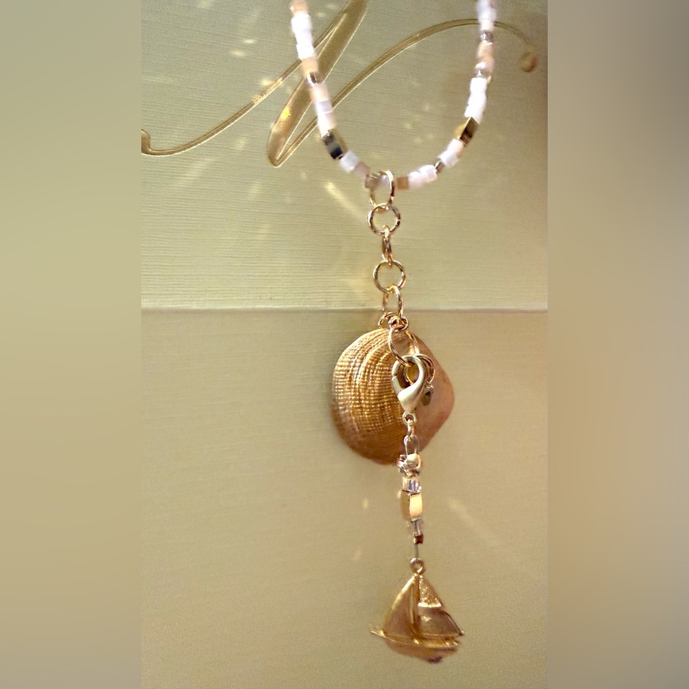 Elegant Sailboat, Seashell, and Pink Glass beads Necklace 📿Handmade by Me